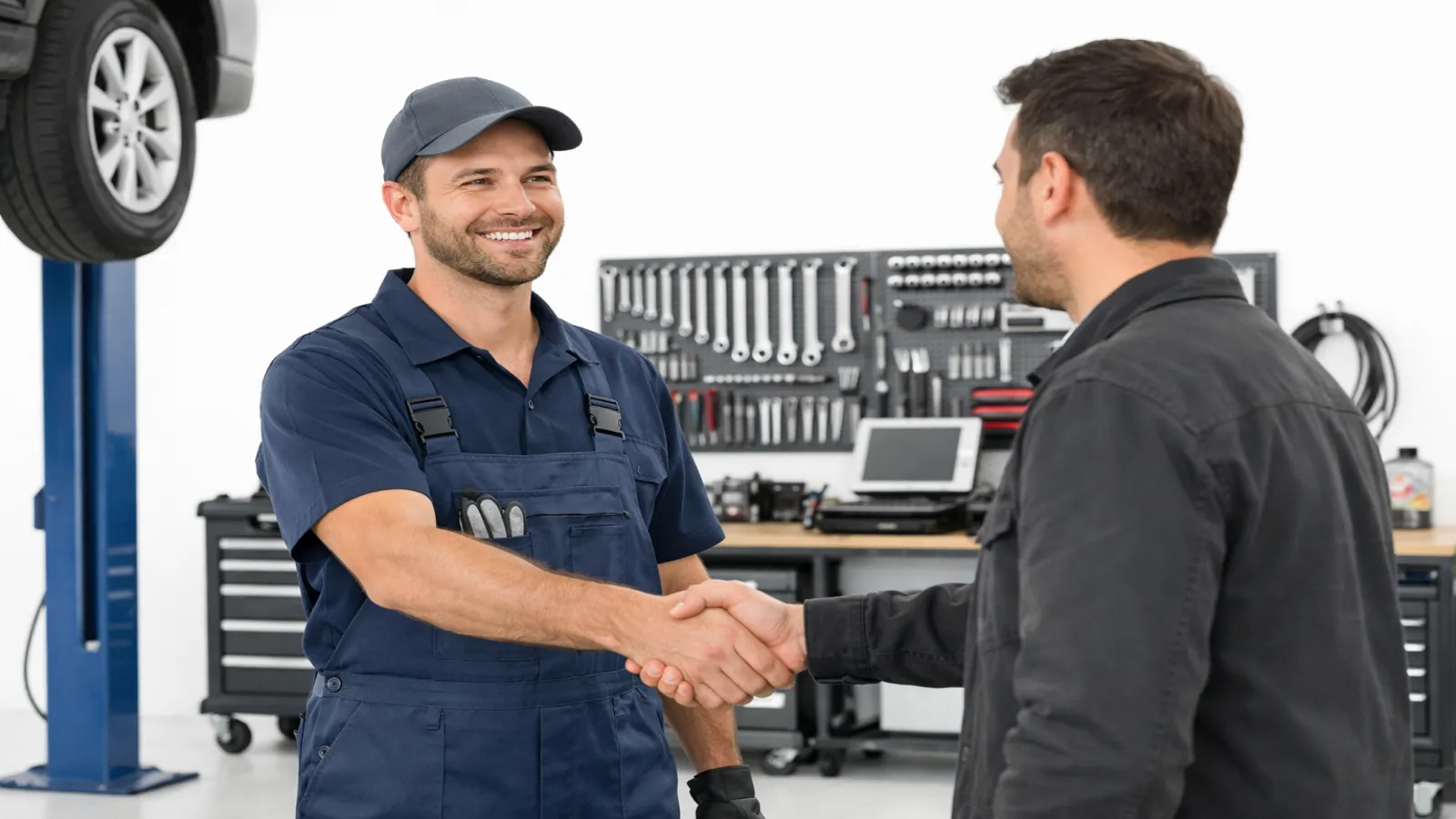 Mécanicien SD Motors accueillant un client à l'atelier d'Evere